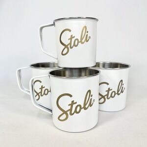 Stoli Stolichnaya Vodka White‎ Metal Mug Set of 4 Gold Logo Barware Cups